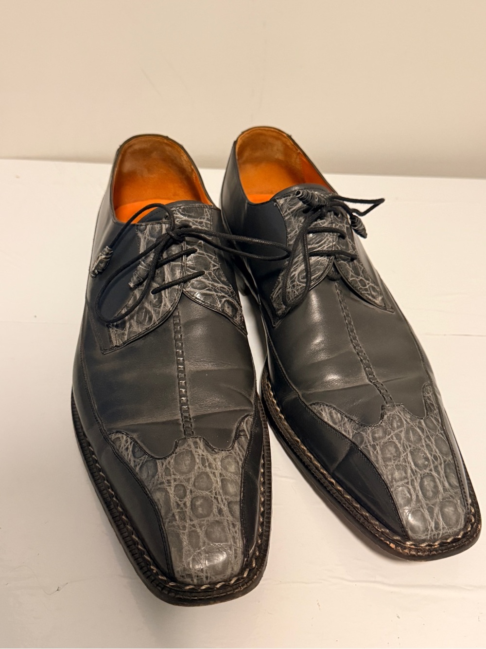 Mezlan Farley Genuine Crocodile Leather Dress Shoes Black Grey Derby 14M